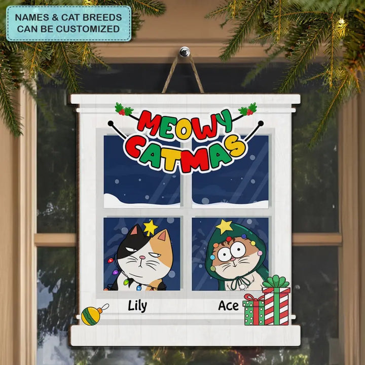 Meowy Catmas - Personalized Custom Door Sign - Christmas Gift For Cat Lover, Cat Dad, Cat Mom