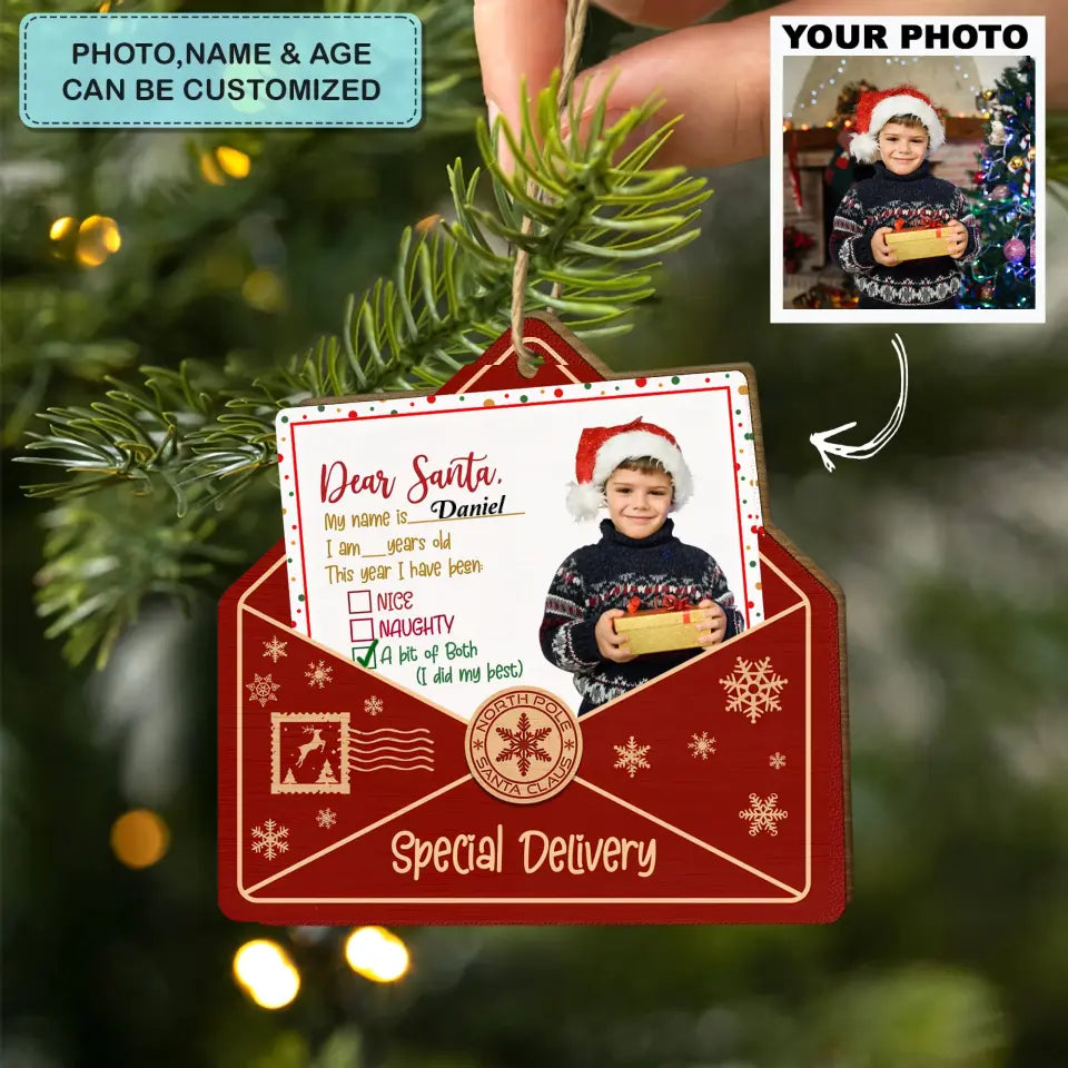 Dear Santa Kid Letter - Personalized Custom Wood Ornament - Christmas Gift For Kids, Family Members AGCDM039