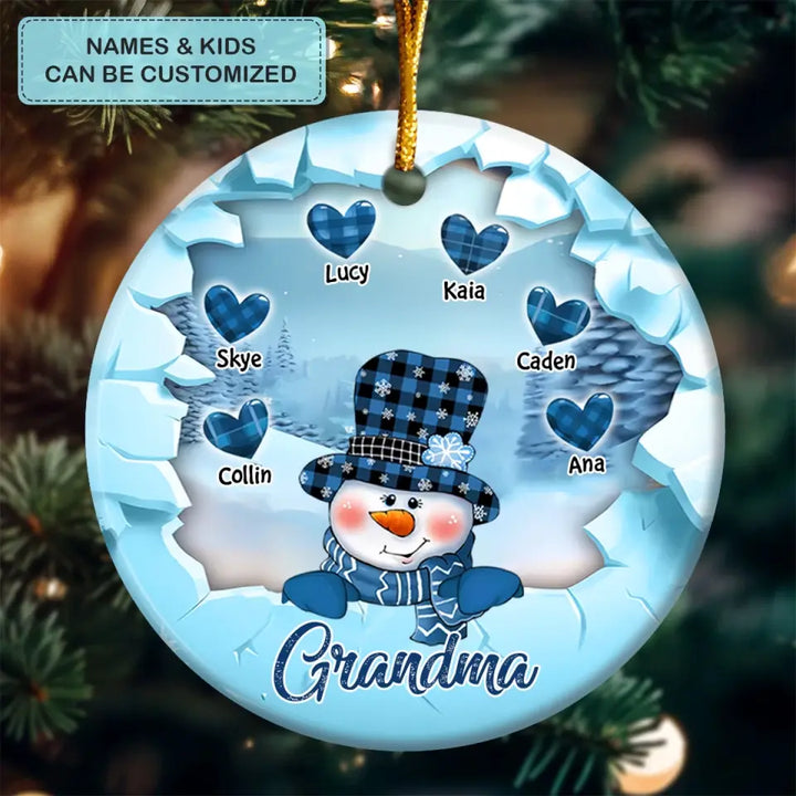 Snowman Grandma Mom Crack Pattern Heart Kids  - Personalized Custom Ceramic Ornament - Christmas Gift For Grandma, Mom, Family Members