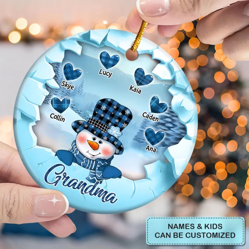 Snowman Grandma Mom Crack Pattern Heart Kids  - Personalized Custom Ceramic Ornament - Christmas Gift For Grandma, Mom, Family Members