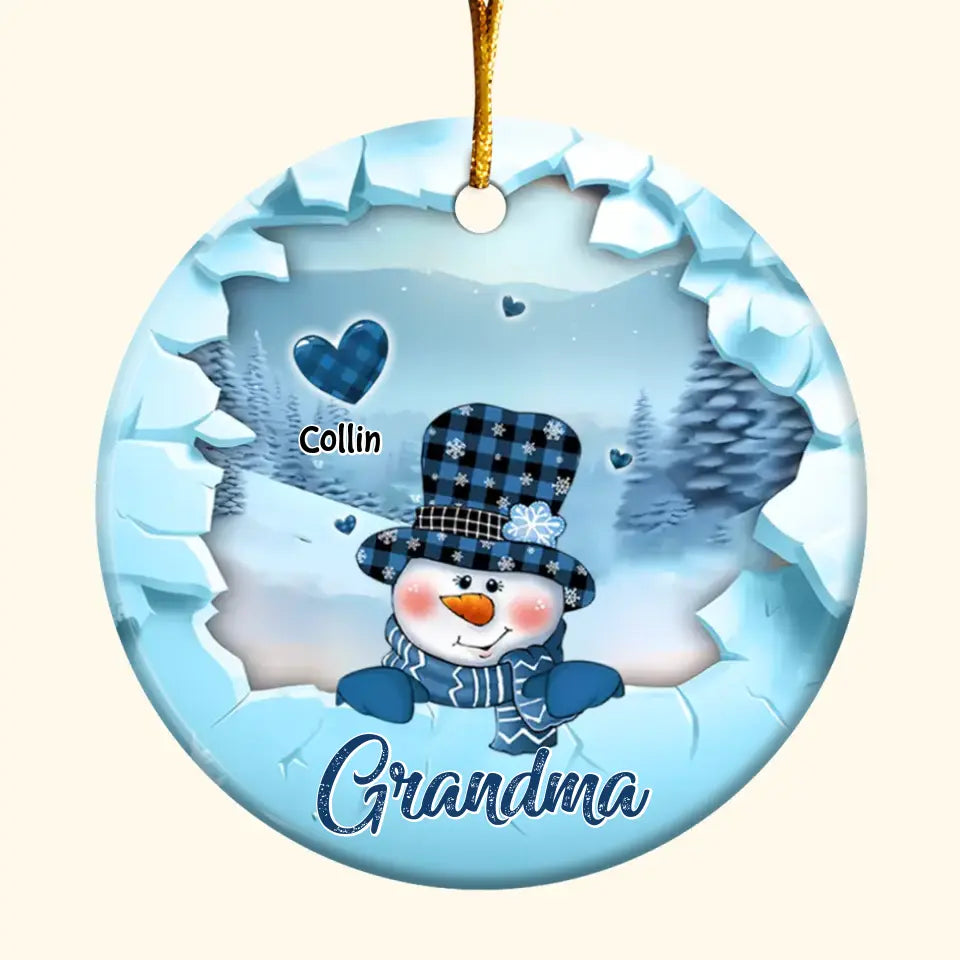 Snowman Grandma Mom Crack Pattern Heart Kids  - Personalized Custom Ceramic Ornament - Christmas Gift For Grandma, Mom, Family Members
