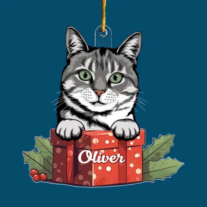 Christmas Present Cat - Personalized Custom Mica Ornament - Christmas Gift For Cat Mom, Cat Dad, Cat Lover, Cat Owner CLA0AD018