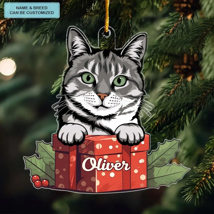 Christmas Present Cat - Personalized Custom Mica Ornament - Christmas Gift For Cat Mom, Cat Dad, Cat Lover, Cat Owner CLA0AD018