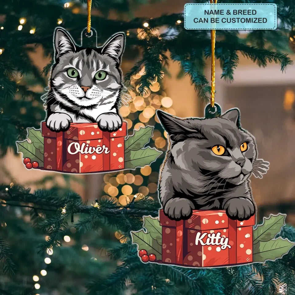 Christmas Present Cat - Personalized Custom Mica Ornament - Christmas Gift For Cat Mom, Cat Dad, Cat Lover, Cat Owner CLA0AD018