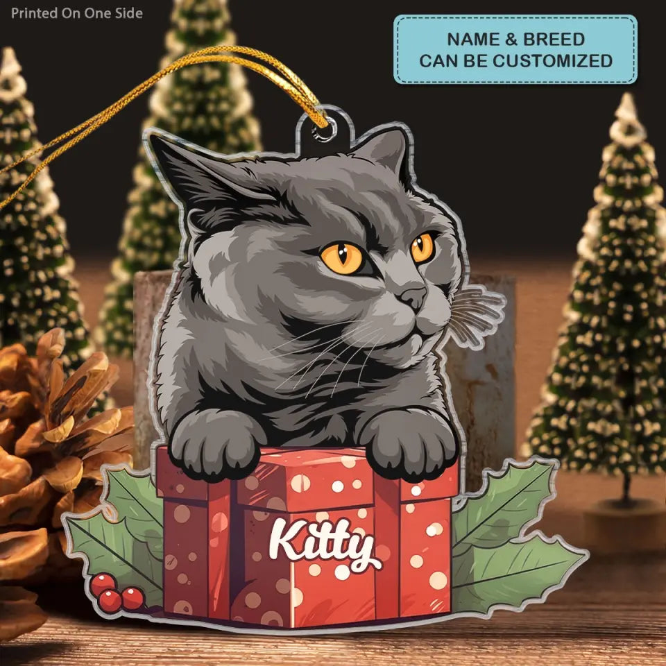 Christmas Present Cat - Personalized Custom Mica Ornament - Christmas Gift For Cat Mom, Cat Dad, Cat Lover, Cat Owner CLA0AD018