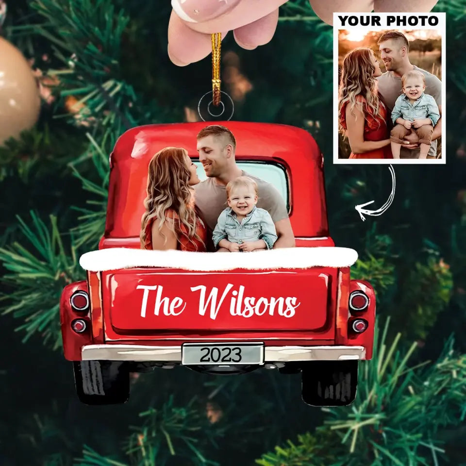 Family Red Truck Christmas - Personalized Custom Photo Mica Ornament - Christmas Gift For Family Members AGCHD041