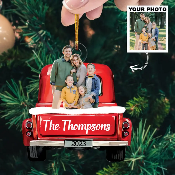 Family Red Truck Christmas - Personalized Custom Photo Mica Ornament - Christmas Gift For Family Members AGCHD041
