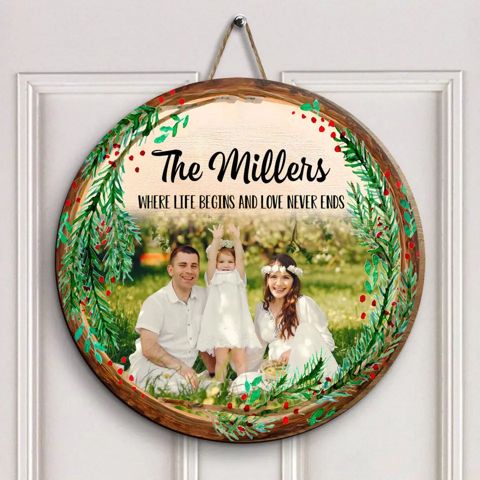 Family Where Life Begins And Love Never Ends - Personalized Custom Door Sign - Christmas Gift For Family, Family Members, Dad, Mom