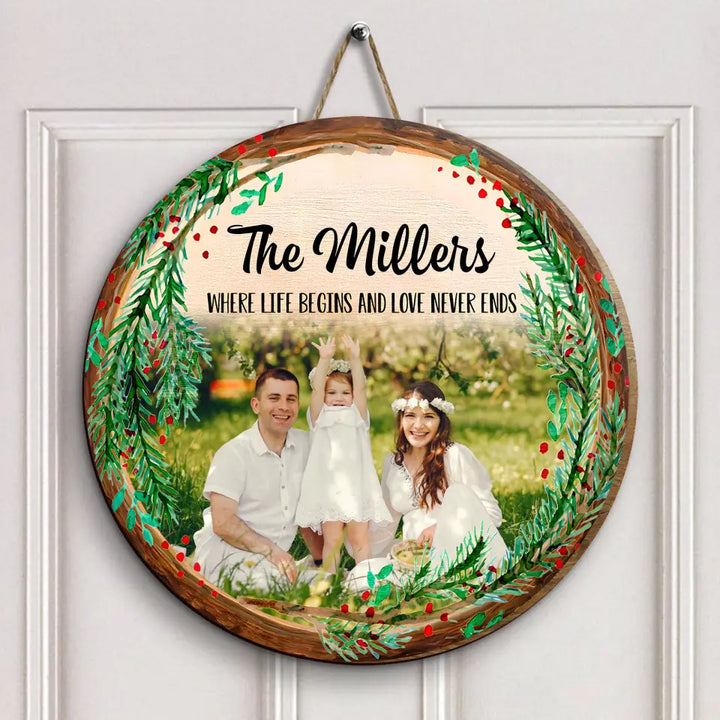 Family Where Life Begins And Love Never Ends - Personalized Custom Door Sign - Christmas Gift For Family, Family Members, Dad, Mom