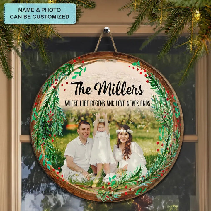 Family Where Life Begins And Love Never Ends - Personalized Custom Door Sign - Christmas Gift For Family, Family Members, Dad, Mom