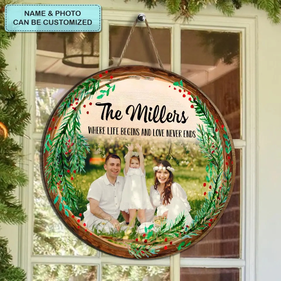 Family Where Life Begins And Love Never Ends - Personalized Custom Door Sign - Christmas Gift For Family, Family Members, Dad, Mom