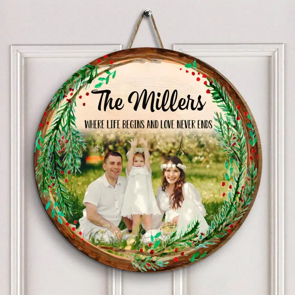 Family Where Life Begins And Love Never Ends - Personalized Custom Door Sign - Christmas Gift For Family, Family Members, Dad, Mom