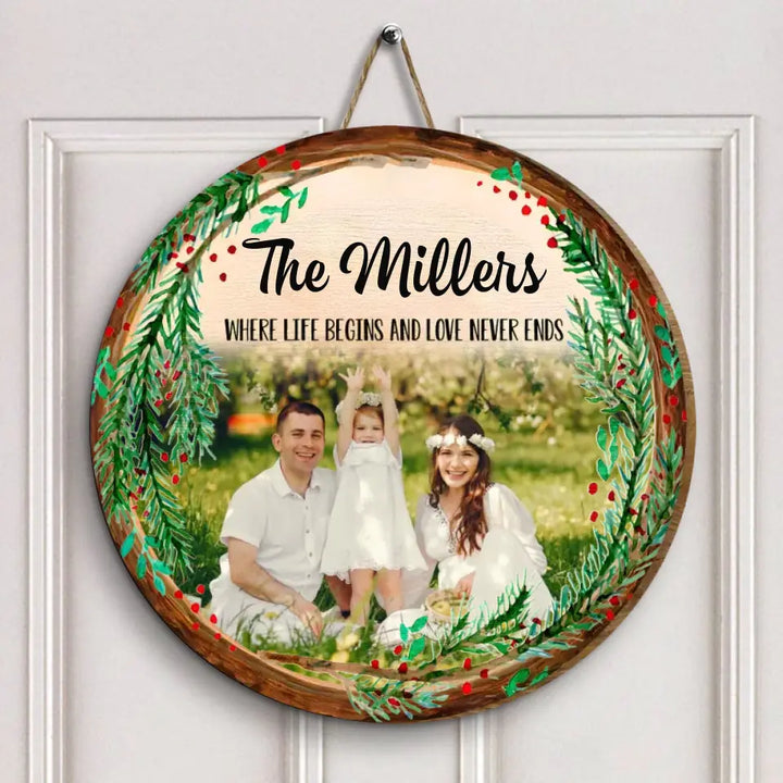 Family Where Life Begins And Love Never Ends - Personalized Custom Door Sign - Christmas Gift For Family, Family Members, Dad, Mom