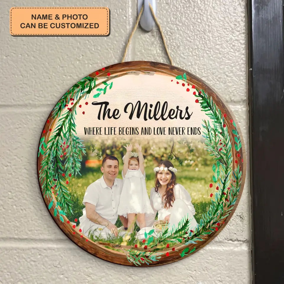 Family Where Life Begins And Love Never Ends - Personalized Custom Door Sign - Christmas Gift For Family, Family Members, Dad, Mom