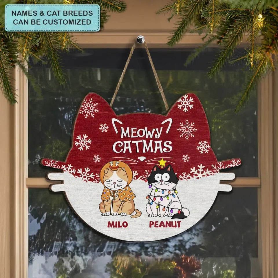 Meowy Catmas - Personalized Custom Door Sign - Christmas Gift For Cat Lover, Cat Dad, Cat Mom, Cat Owner