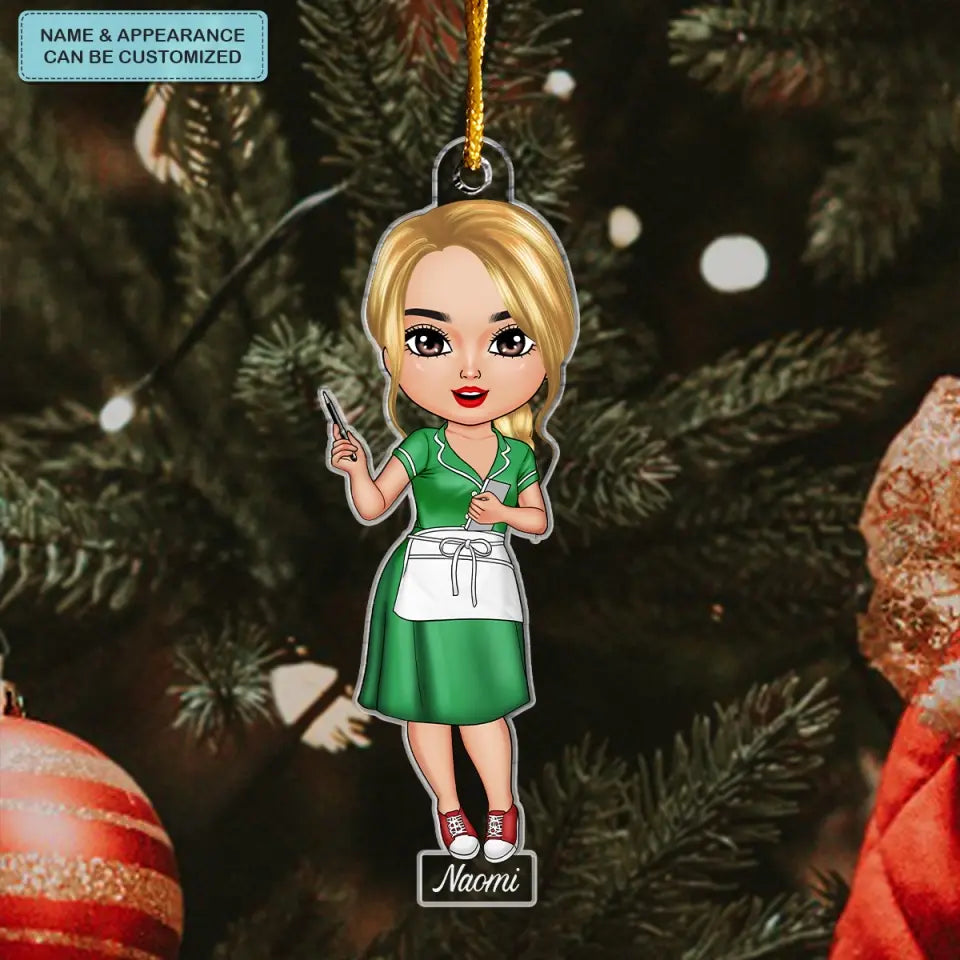 Waitress Chibi Ornament - Personalized Custom Mica Ornament - Christmas Gift For Waitress, Family Members, Mom, Grandma CLA0DM010