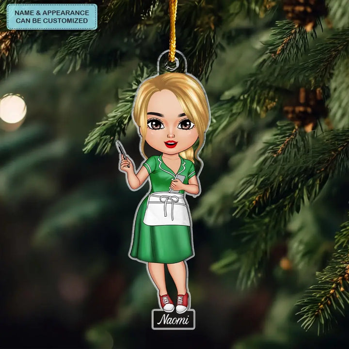 Waitress Chibi Ornament - Personalized Custom Mica Ornament - Christmas Gift For Waitress, Family Members, Mom, Grandma CLA0DM010