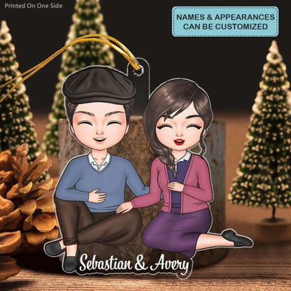 Old Couple Sitting Chibi Ornament - Personalized Custom Mica Ornament - Christmas Gift For Couple, Husband, Wife CLA0DM012