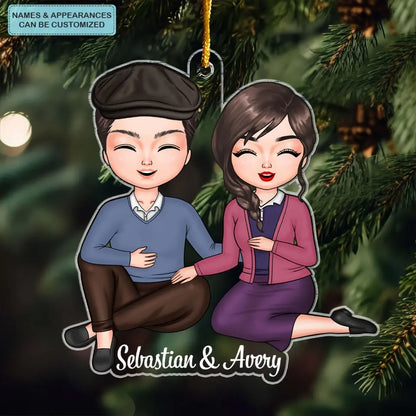 Old Couple Sitting Chibi Ornament - Personalized Custom Mica Ornament - Christmas Gift For Couple, Husband, Wife CLA0DM012