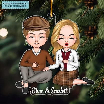 Old Couple Sitting Chibi Ornament - Personalized Custom Mica Ornament - Christmas Gift For Couple, Husband, Wife CLA0DM012