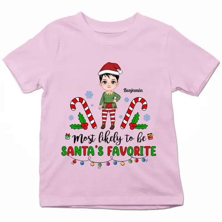 Most Likely To Be Santa's Favourite - Personalized Custom Youth T-shirt - Christmas Gift For Kid, Family Members