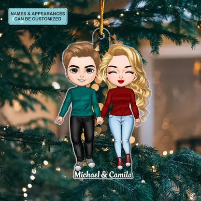 Young Couple Standing Chibi Ornament - Personalized Custom Mica Ornament - Christmas Gift For Couple, Husband, Wife, Family Members CLA0DM016