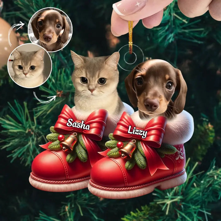 Cute Pet On Christmas Shoes - Personalized Custom Photo Mica Ornament - Christmas Gift For Pet Lovers, Pet Owners AGCPD063