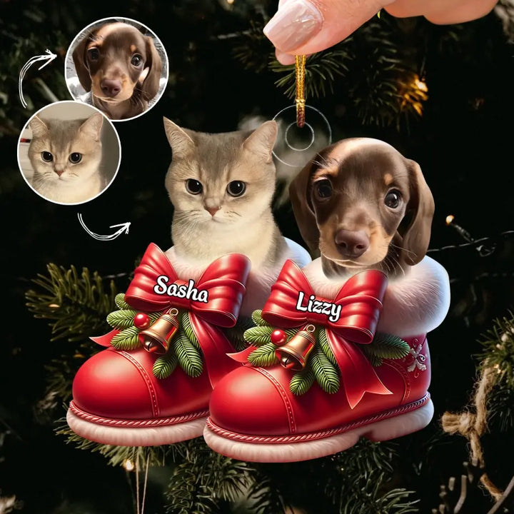 Cute Pet On Christmas Shoes - Personalized Custom Photo Mica Ornament - Christmas Gift For Pet Lovers, Pet Owners AGCPD063