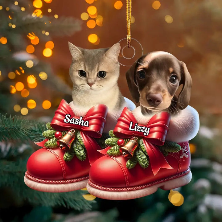 Cute Pet On Christmas Shoes - Personalized Custom Photo Mica Ornament - Christmas Gift For Pet Lovers, Pet Owners AGCPD063