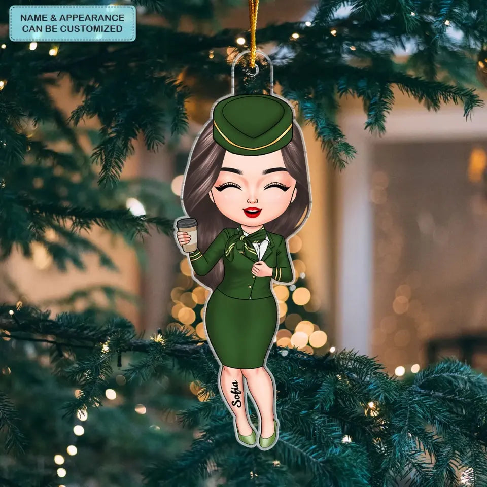 Flight Attendant Chibi Ornament - Personalized Custom Mica Ornament - Christmas Gift For Flight Attendant, Family Members CLA0DM010