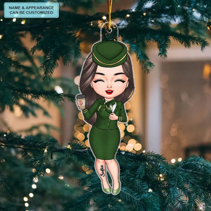 Flight Attendant Chibi Ornament - Personalized Custom Mica Ornament - Christmas Gift For Flight Attendant, Family Members CLA0DM010