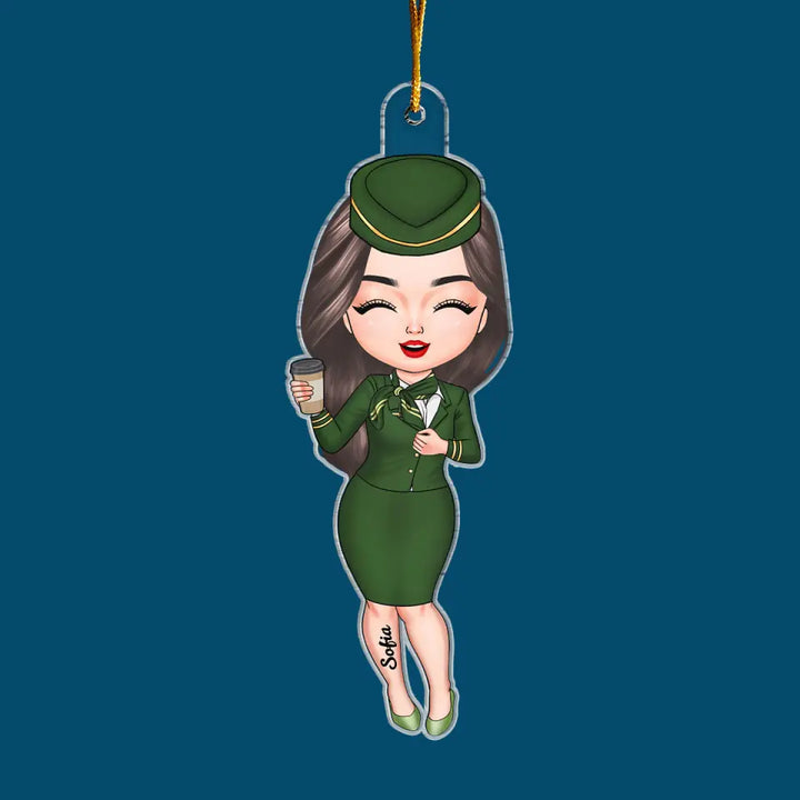 Flight Attendant Chibi Ornament - Personalized Custom Mica Ornament - Christmas Gift For Flight Attendant, Family Members CLA0DM010