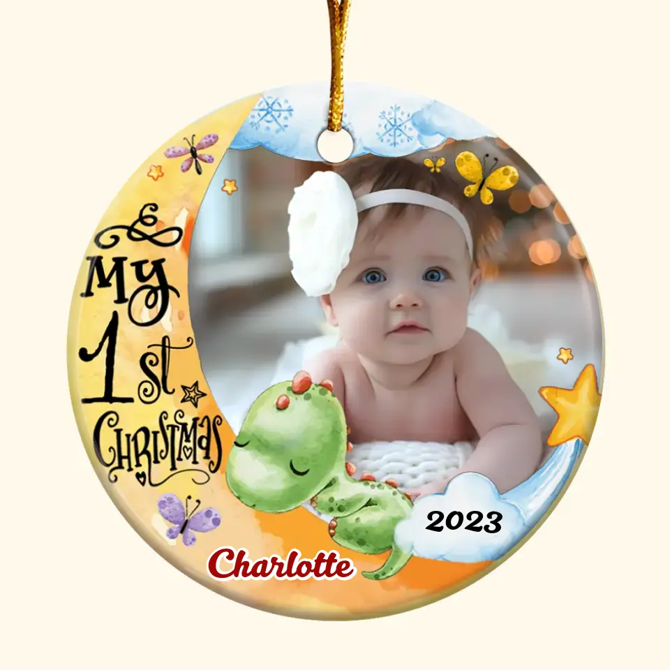 Baby First Christmas Dinosaur - Personalized Custom Ceramic Ornament - Christmas Gift For Family Members