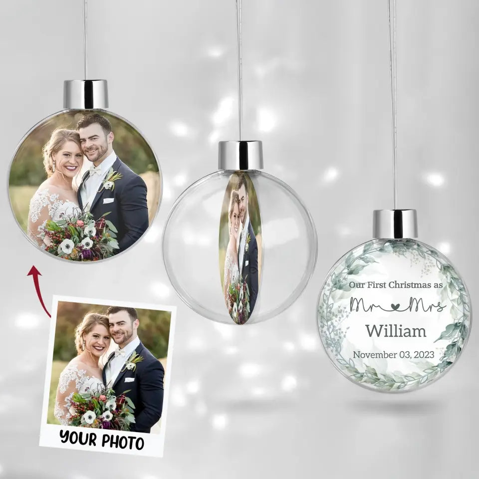 Wedding Couple Our First Christmas - Personalized Custom Photo Ball Ornament - Christmas Gift For Couple, Husband, Wife, Family Members