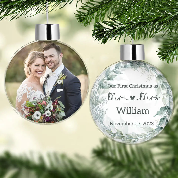 Wedding Couple Our First Christmas - Personalized Custom Photo Ball Ornament - Christmas Gift For Couple, Husband, Wife, Family Members