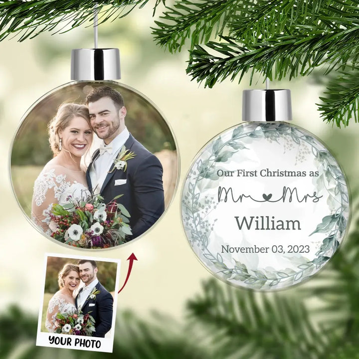 Wedding Couple Our First Christmas - Personalized Custom Photo Ball Ornament - Christmas Gift For Couple, Husband, Wife, Family Members