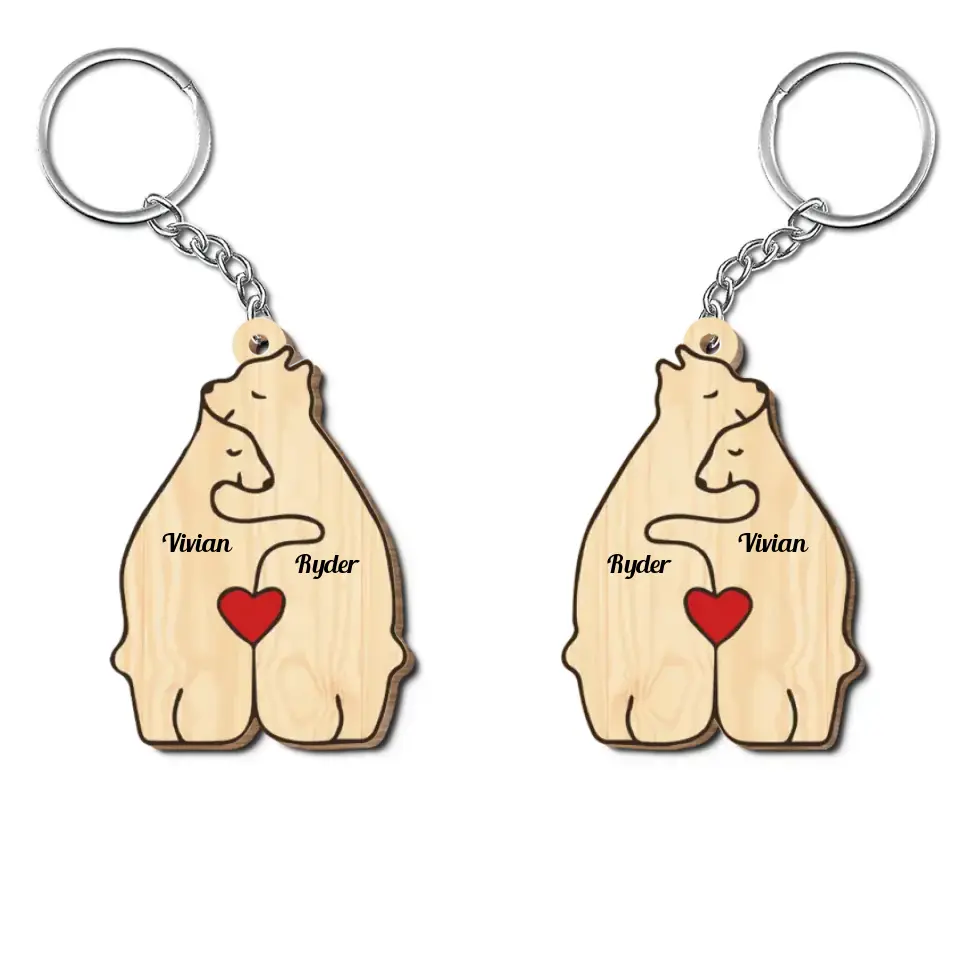 Bear Couple - Personalized Custom Wooden Keychain - Valentine's Day Gift For Couple, Wife, Husband, Boyfriends, Girlfriends