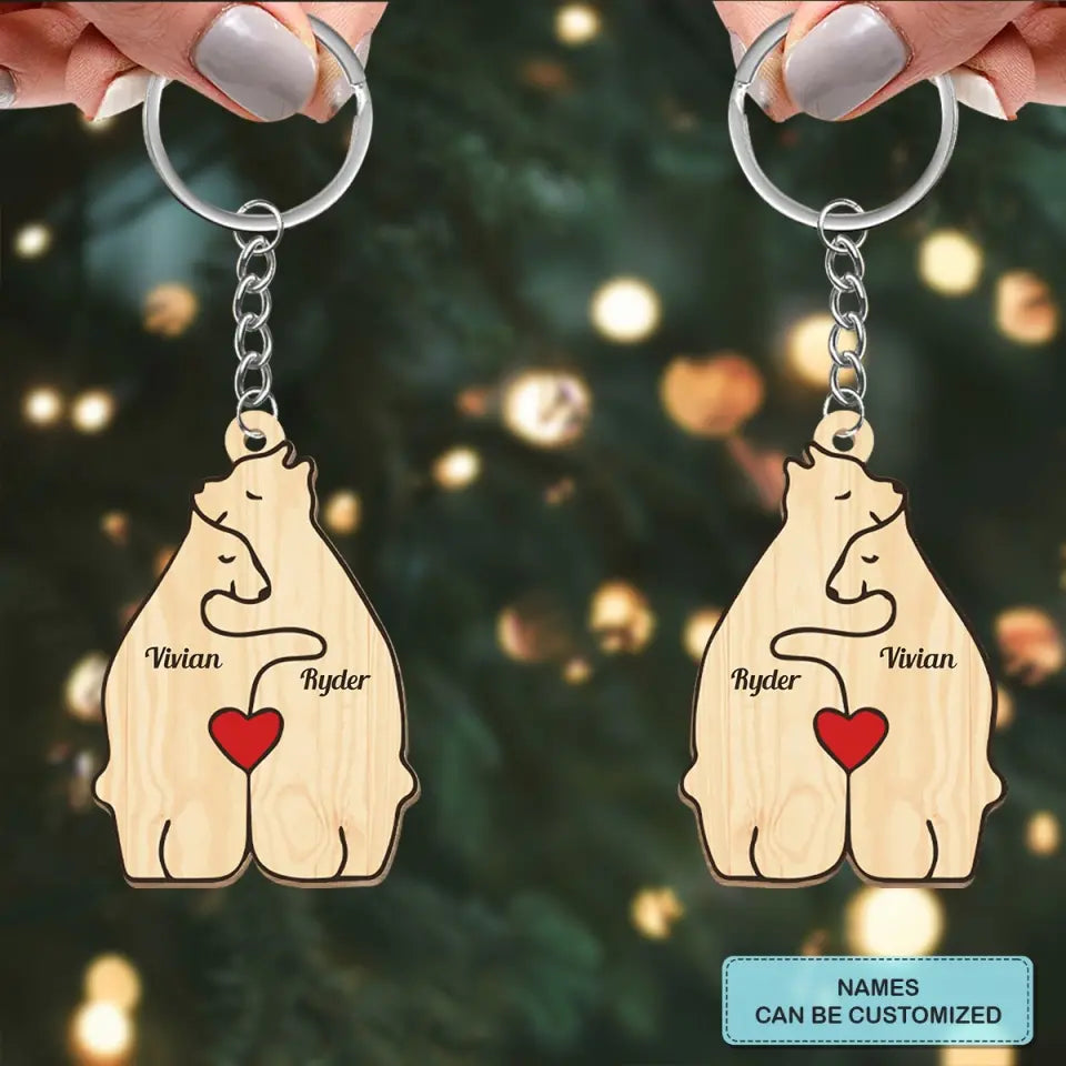 Bear Couple - Personalized Custom Wooden Keychain - Valentine's Day Gift For Couple, Wife, Husband, Boyfriends, Girlfriends
