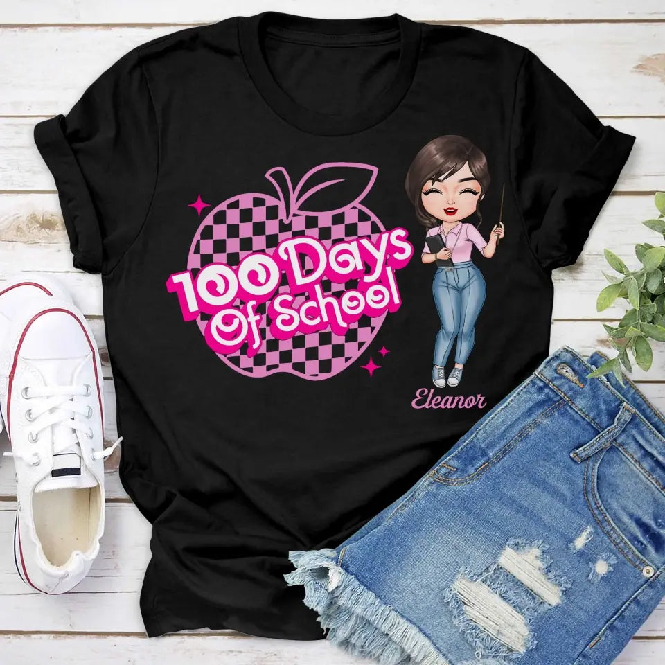 100 Days Of School Pink Apple - Personalized Custom T-shirt - Teacher's Day, Appreciation Gift For Teacher