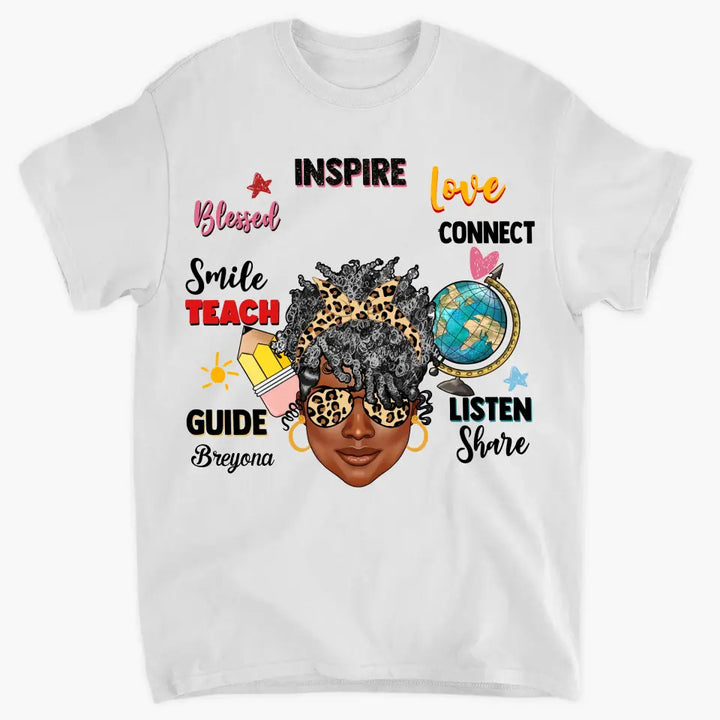 Afro Messy Bund Teach Love Inspire - Personalized Custom T-shirt - Teacher's Day, Appreciation Gift For Teacher