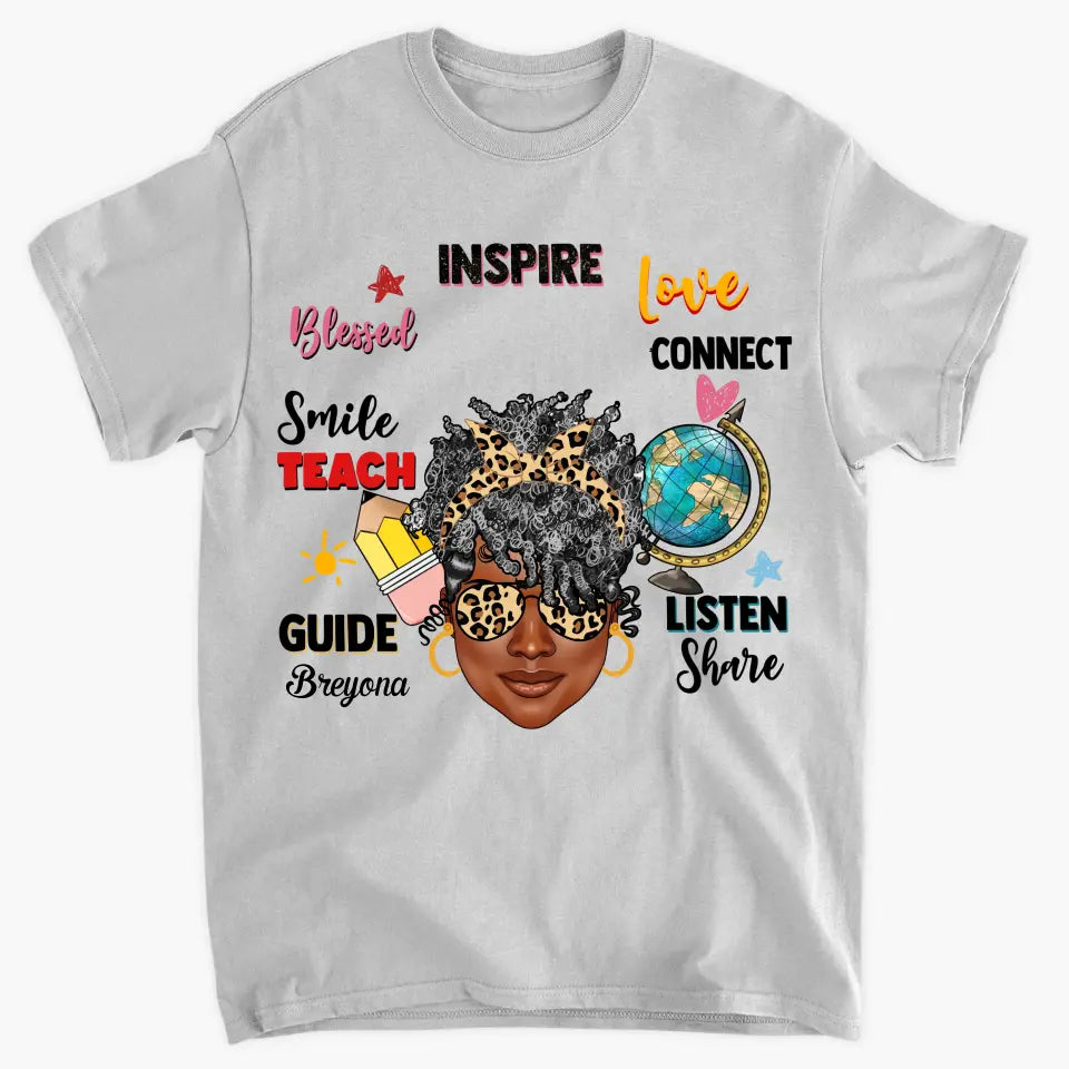 Afro Messy Bund Teach Love Inspire - Personalized Custom T-shirt - Teacher's Day, Appreciation Gift For Teacher