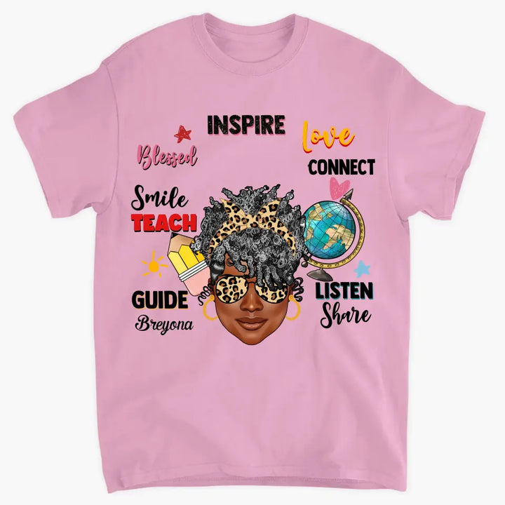 Afro Messy Bund Teach Love Inspire - Personalized Custom T-shirt - Teacher's Day, Appreciation Gift For Teacher