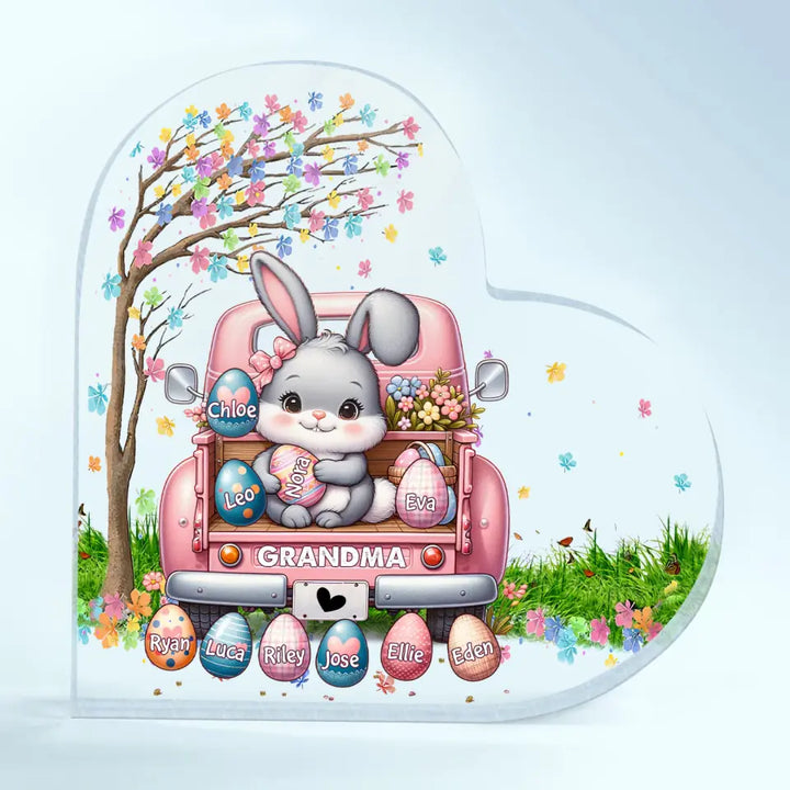 Bunny With Easter Egg Grandkids - Personalized Custom Heart-shaped Acrylic Plaque - Easter, Mother's Day Gift For Grandma, Mom