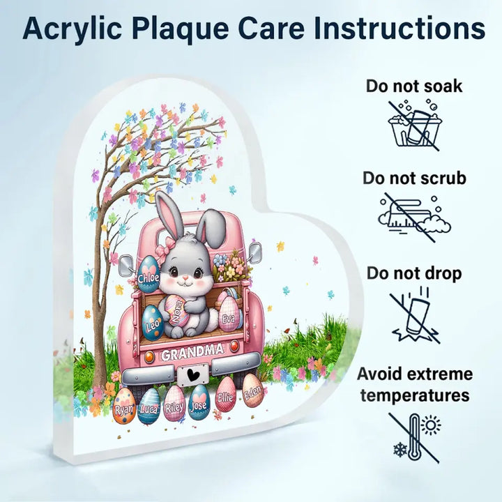 Bunny With Easter Egg Grandkids - Personalized Custom Heart-shaped Acrylic Plaque - Easter, Mother's Day Gift For Grandma, Mom