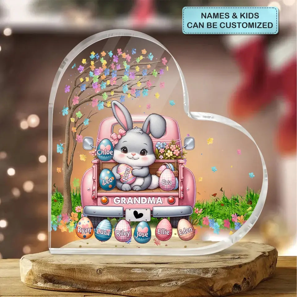 Bunny With Easter Egg Grandkids - Personalized Custom Heart-shaped Acrylic Plaque - Easter, Mother's Day Gift For Grandma, Mom