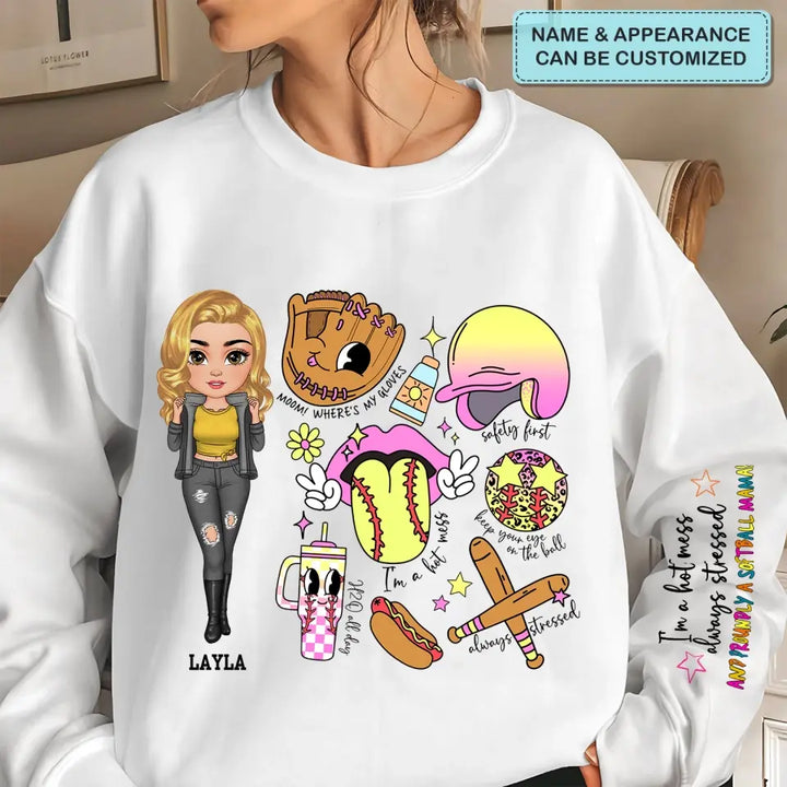 Cant Talk Right Now I Am Doing Soft Ball Mama - Personalized Custom Sweatshirt With Sleeves Imprint - Gift For Softball Mom, Family Members