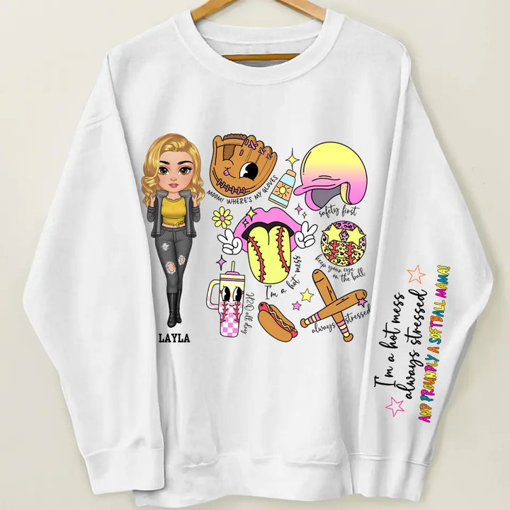 Cant Talk Right Now I Am Doing Soft Ball Mama - Personalized Custom Sweatshirt With Sleeves Imprint - Gift For Softball Mom, Family Members