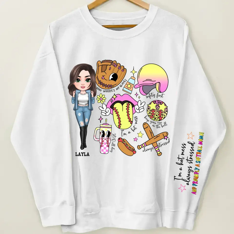 Cant Talk Right Now I Am Doing Soft Ball Mama - Personalized Custom Sweatshirt With Sleeves Imprint - Gift For Softball Mom, Family Members