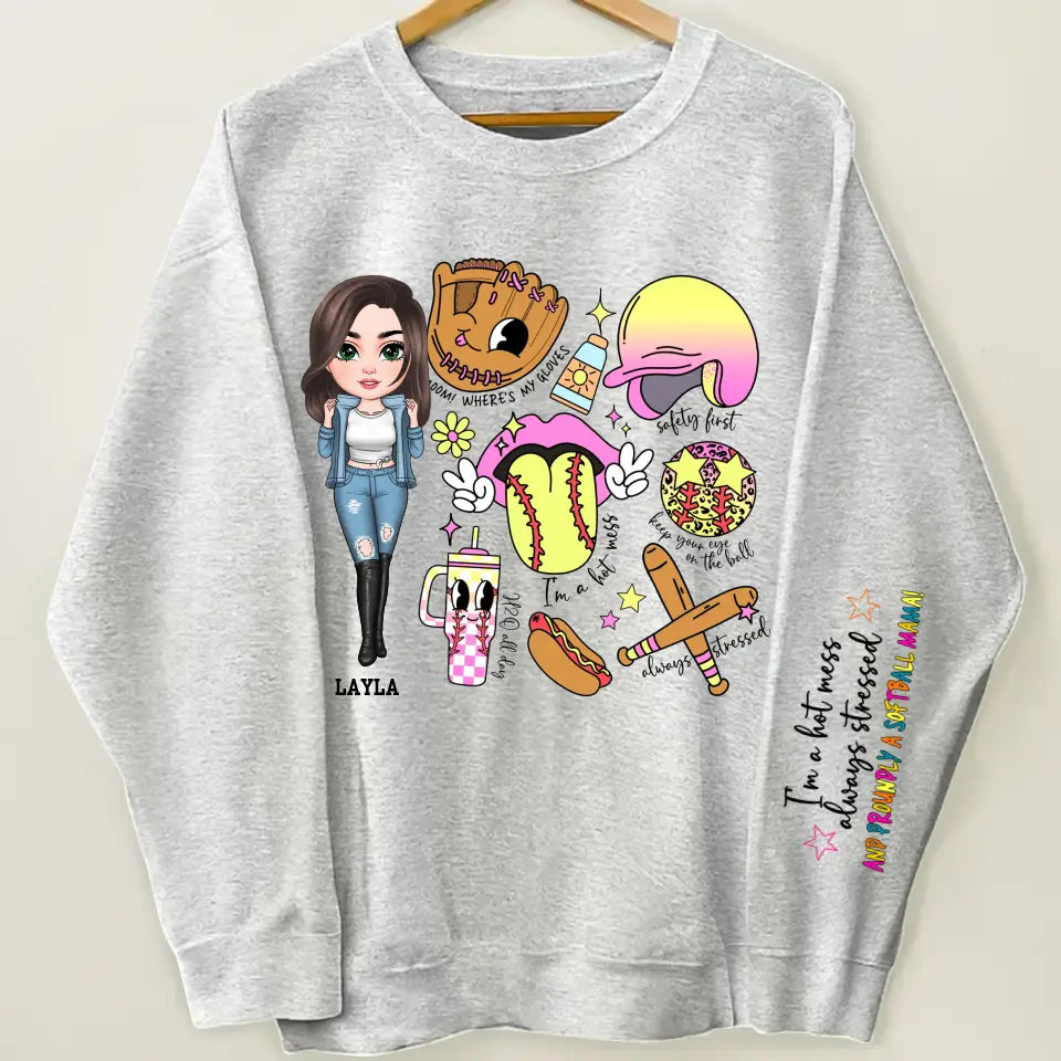 Cant Talk Right Now I Am Doing Soft Ball Mama - Personalized Custom Sweatshirt With Sleeves Imprint - Gift For Softball Mom, Family Members