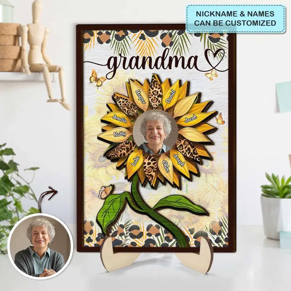 Grandma Sunflower - Personalized Custom 2-Layer Wooden Plaque - Mother's Day Gift For Grandma